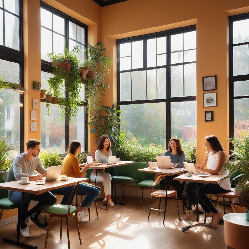 A diverse group of passionate individuals sitting in a cozy café, engaging in lively discussion about blogging. Laptops open with colorful notes scattered around, symbolizing creativity and inspiration. Bright sunlight streaming through large windows, casting a warm glow on their faces, creating an inviting atmosphere. Incorporate elements like coffee cups and plants to enhance the ambiance. soft focus. warm colors. contemporary art.