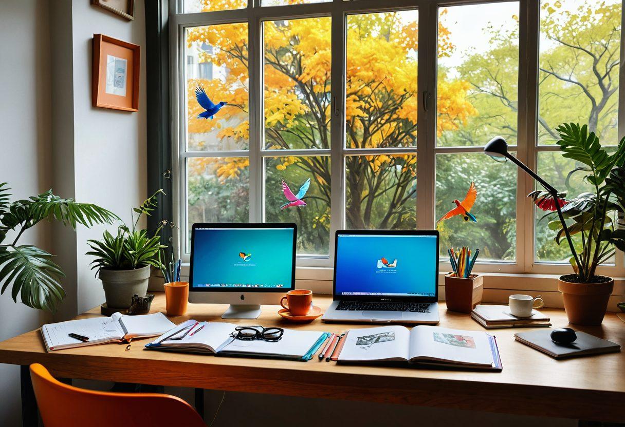 A vibrant, whimsical workspace filled with colorful notebooks, an open laptop displaying the Taoh platform, and a steaming cup of coffee. In the background, a large window shows a bright, sunny day, inspiring creative thoughts with birds flying outside. Diverse individuals of various backgrounds are brainstorming together, surrounded by imaginative illustrations and visual art. Bright and inviting tones enhance the theme of creativity and collaboration. super-realistic. vibrant colors. 3D.
