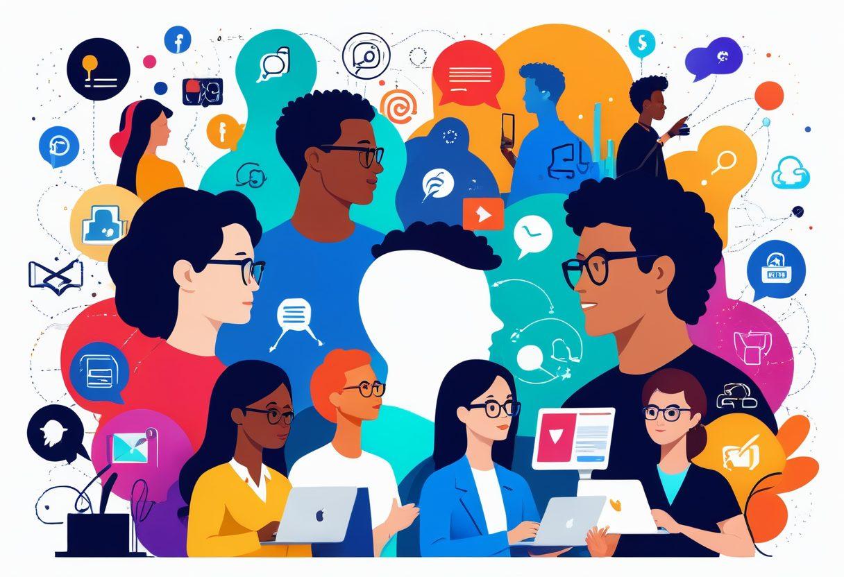 A dynamic collage featuring diverse content creators collaborating on innovative projects, surrounded by vibrant icons representing trends such as video, podcasts, blogs, and social media. The scene is infused with futuristic technology elements, showcasing tools of the trade like cameras, microphones, and laptops. Bright colors symbolize creativity and energy, while speech bubbles convey discussion and collaboration. The background illustrates a digital open space with floating content formats, emphasizing community and exploration. super-realistic. vibrant colors. white background.